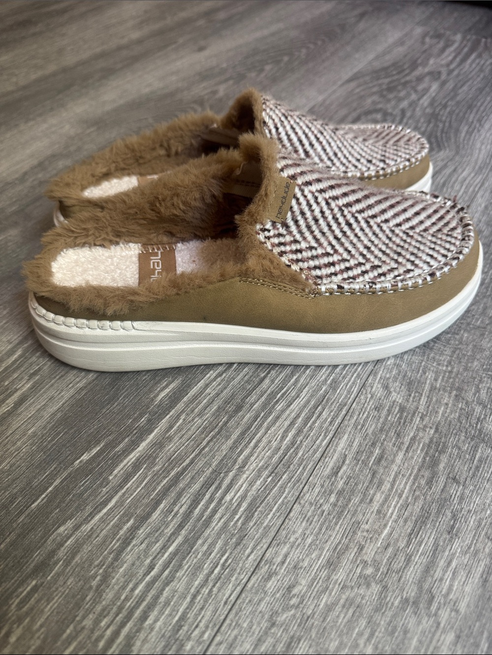 Hey Dude Women's Slip-On Sneakers in Brown and White Tweed
